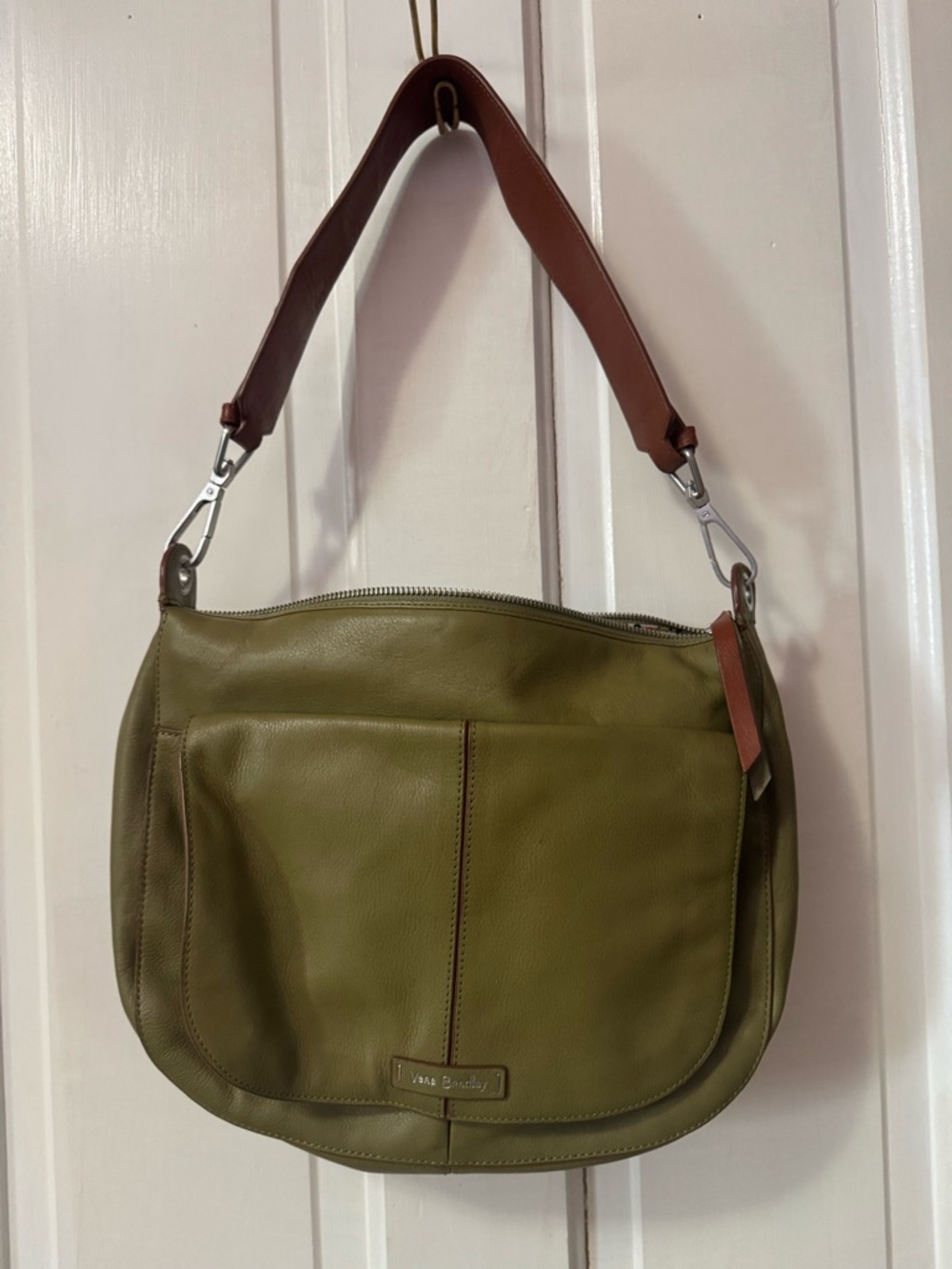Vera Bradley Olive Leather Hobo Shoulder Bag with Brown Strap